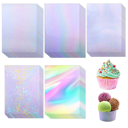 Kifmurase 100 Sheets Holographic Sticker Paper, Holographic Clear Vinyl Laminate Film, Transparent Overlay Lamination Sticker, Self-Adhesive Waterproof Rainbow Laminating Sheets with A4 Size