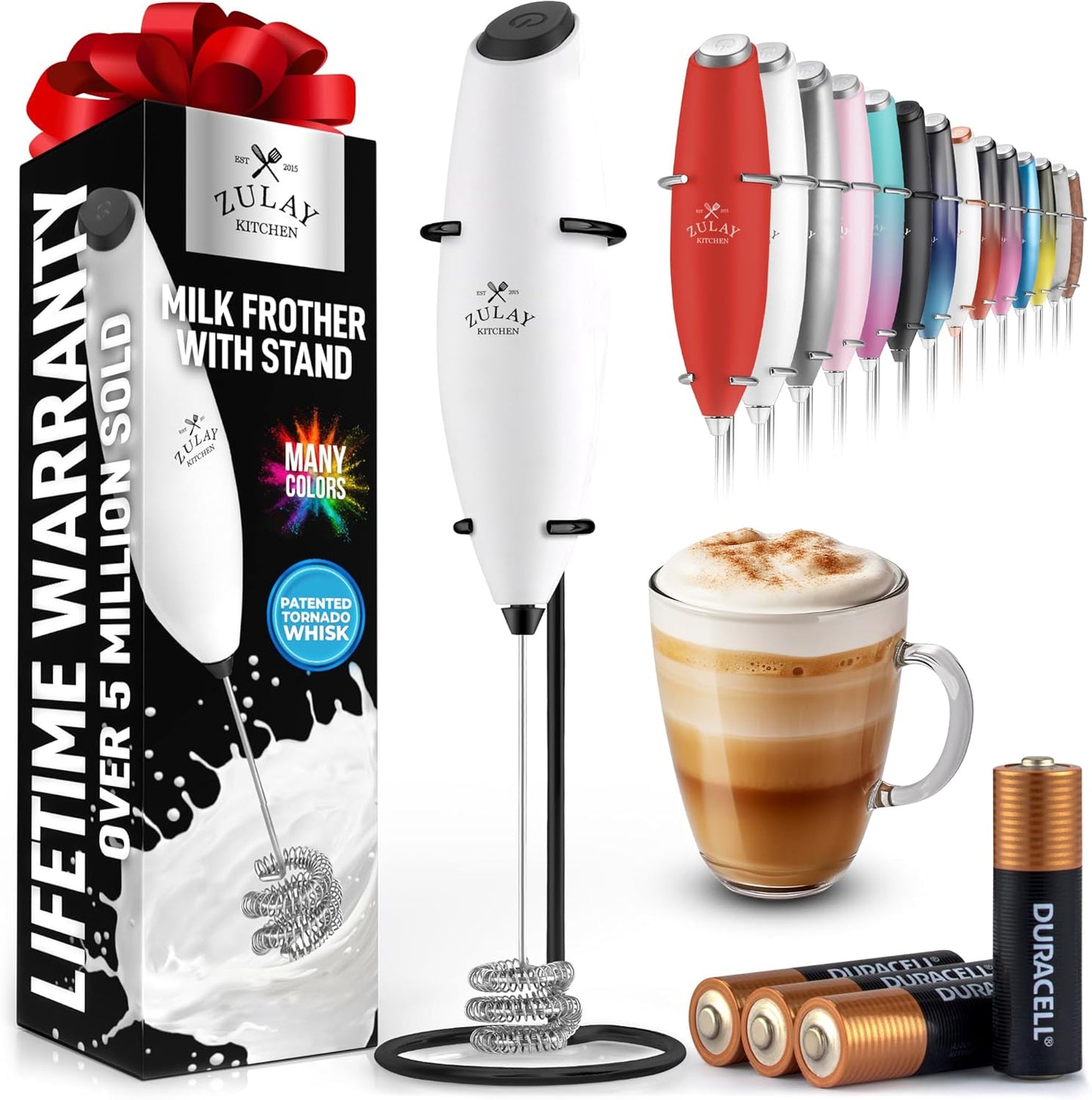 Zulay Kitchen Tornado Triple Whisk Milk Frother - Handheld Foam Maker for Coffee & Lattes | Includes 4 Duracell Batteries - White & Black