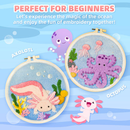 Punch Needle Kits Adults Beginner,Punch Needle kit for Beginners, Embroidery kit for Beginners,Includes All Tools and Materials,Easy to Follow Instructions and Videos-(Axolotl+Octopus)