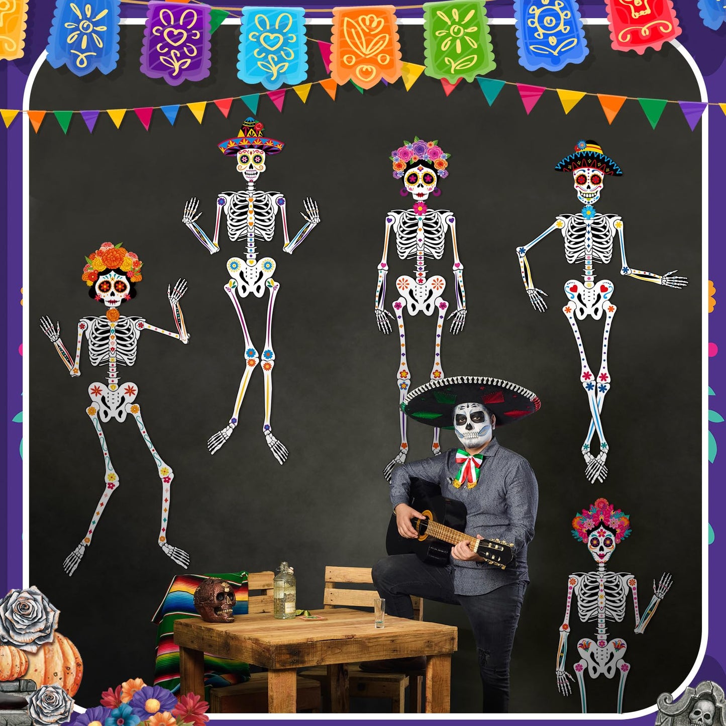 WinnerWhy 6 Pcs 51 Inches Large Halloween Jointed Skeletons Paper Cutout Day of The Dead Jointed Skeletons Hanging Decorations Dia De Los Muertos Party Supplies for Outdoor Mexico Sugar Skull Decor