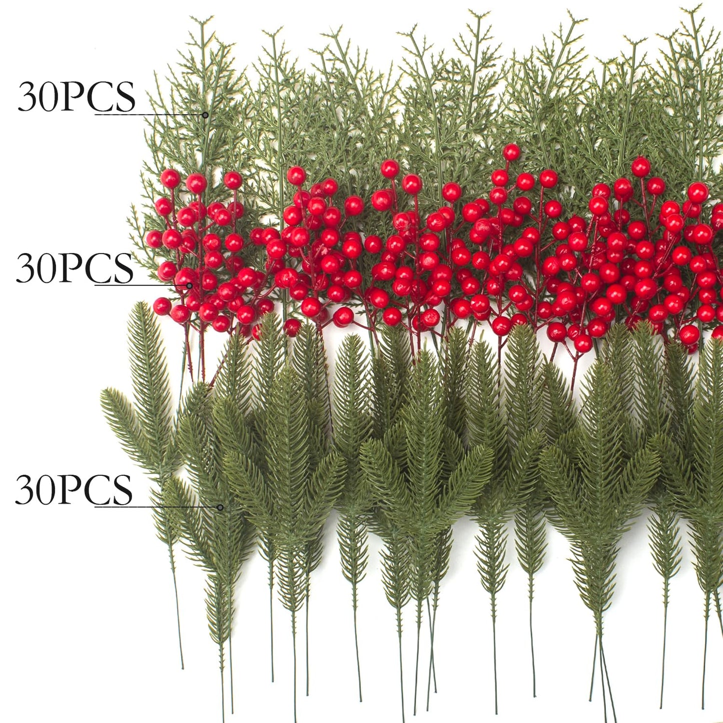 Grunyia 90 PCS Artificial Pine Branches Cedar Stems with Red Holly Berries - Perfect Faux Pine Greenery Stems for Christmas Tree, Wreath & Garland DIY Crafts Holiday Home Decoration