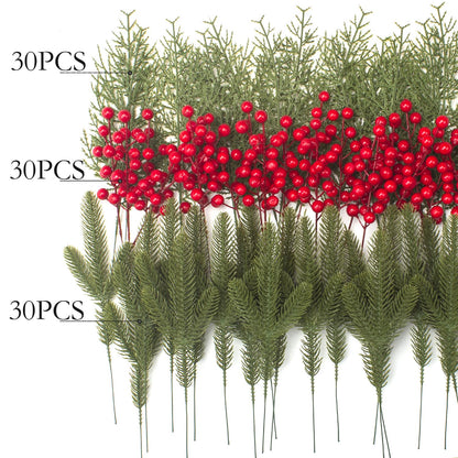 Grunyia 90 PCS Artificial Pine Branches Cedar Stems with Red Holly Berries - Perfect Faux Pine Greenery Stems for Christmas Tree, Wreath & Garland DIY Crafts Holiday Home Decoration