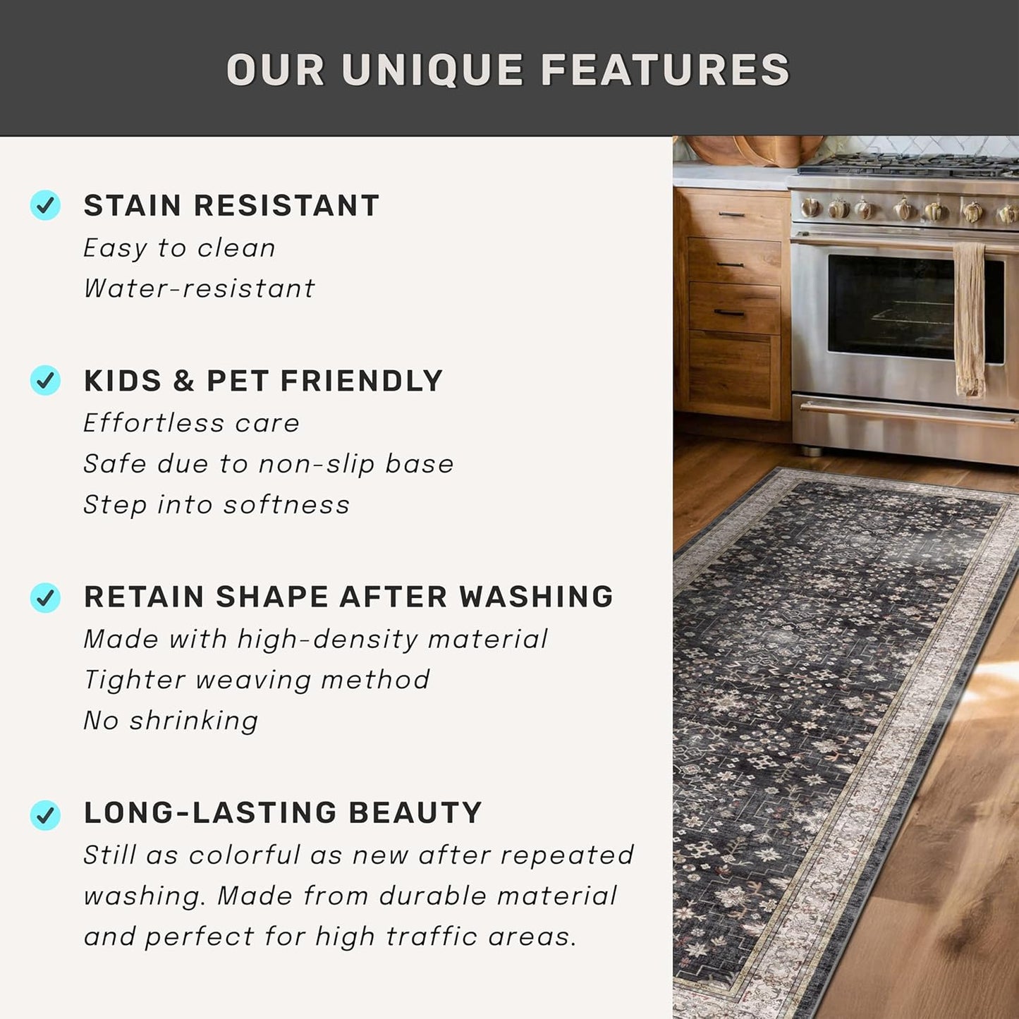 Boho Black Rug - Washable 10x14 Area Rug for Living Room | Soft Low Pile Carpet, Non-Slip & Stain Resistant