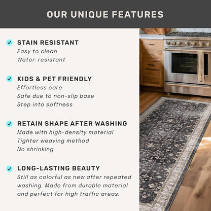 Boho Black Rug - Washable 10x14 Area Rug for Living Room | Soft Low Pile Carpet, Non-Slip & Stain Resistant