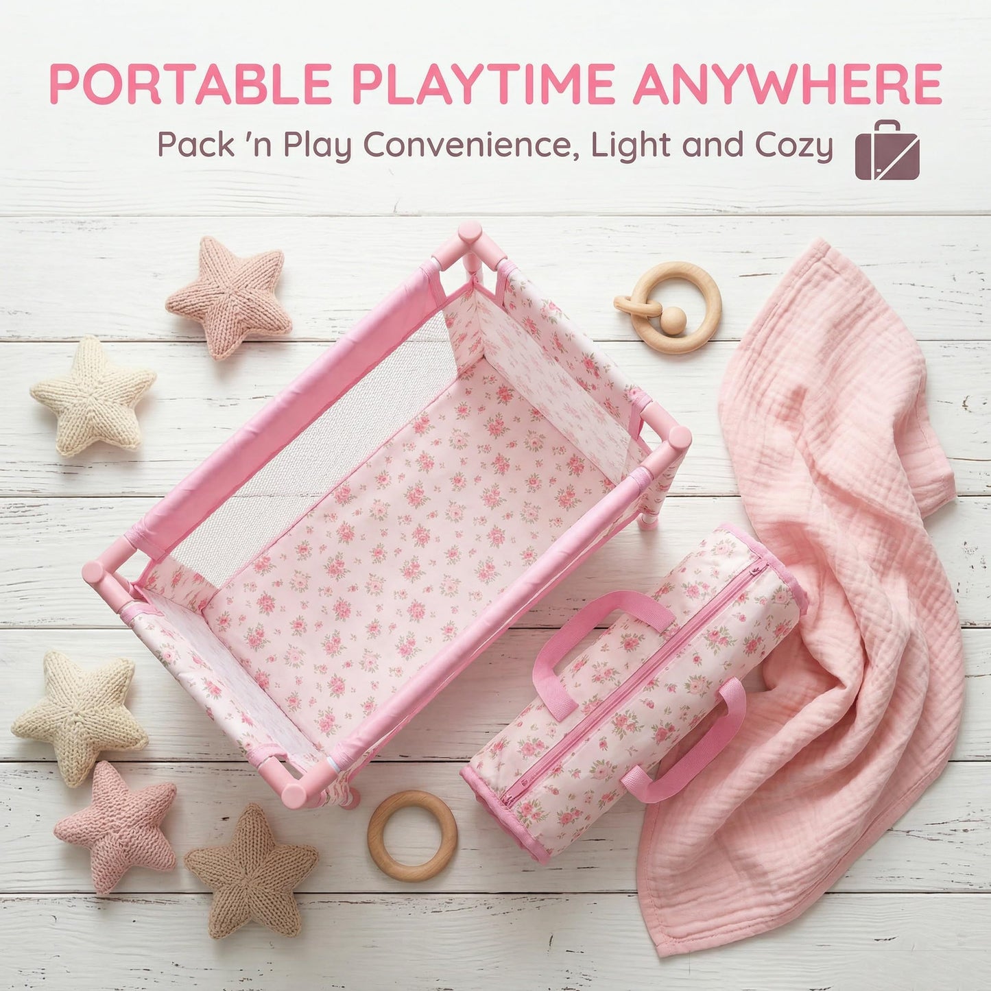 Baby Doll Crib for 12-18 Inch Dolls, Chyyeerkidd Pack and Play Pink Floral Baby Doll Bed with Carry Bag, Travel-Friendly Reborn Baby Doll Accessories for Girls Ages 3+, Easy Assembly (White)