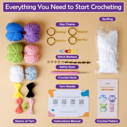 A-URA Learn to Crochet Kit for Beginners Kids and Adults, Premium 4 Animal Pattern Beginner Crochet Kits with Easy Tube Yarn & Step-by-Step Video Tutorials (Forest Friends–Standard Size)