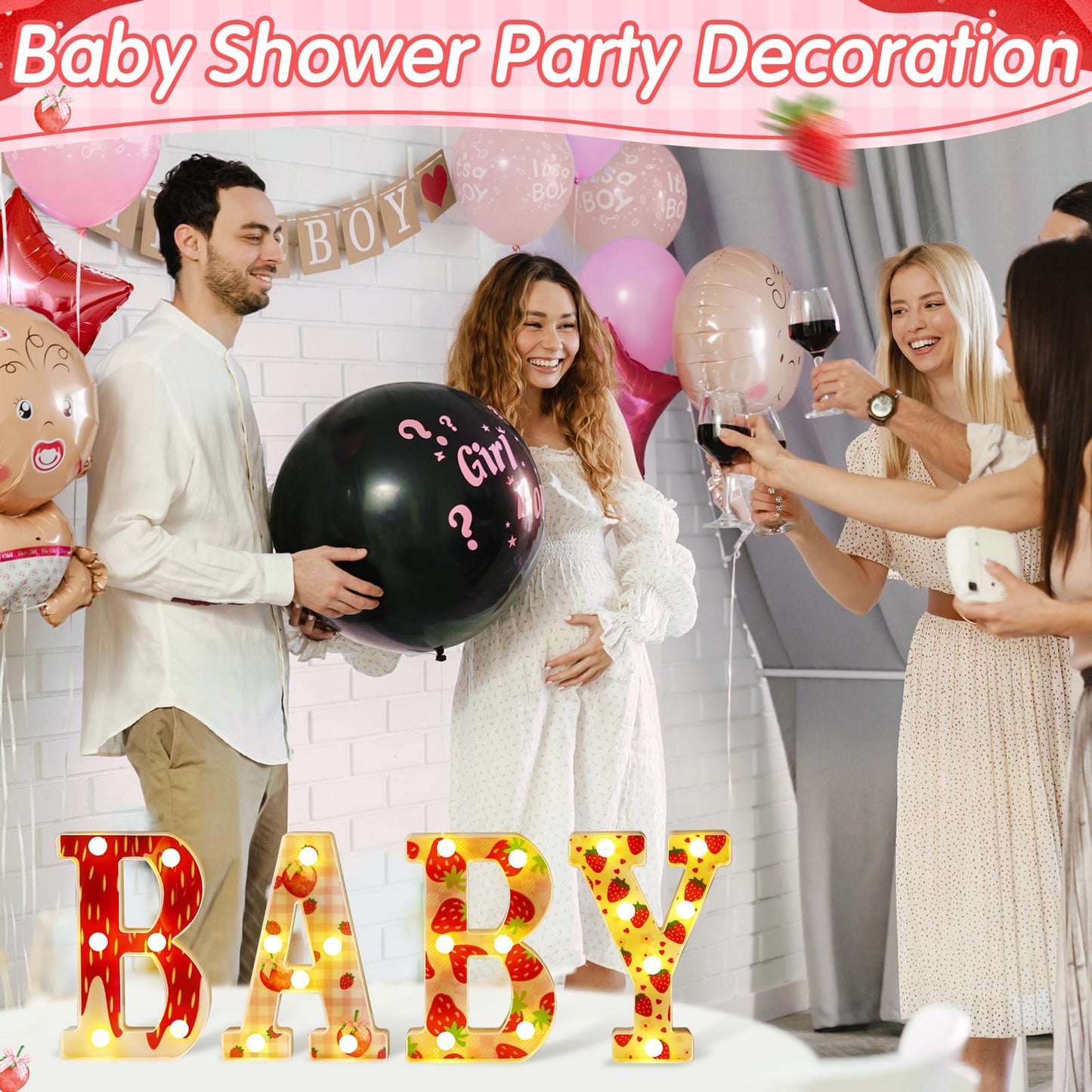 Realspring Baby Shower Sign Babe Marquee LED Letters Battery Operated Light up Centerpieces Glowing Home Table Party Decor for Boy Girl Gender Reveal Birthday, 8.26''(Strawberry,Red)