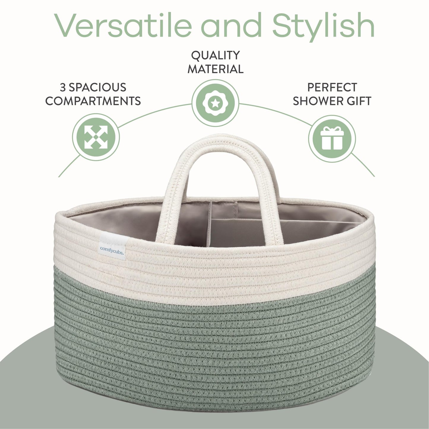 Comfy Cubs Rope Diaper Caddy Organizer 8.5" x 15" x 8" - Large Baby Diaper Basket with 3 Spacious Compartments - Stylish Cotton Baby Caddy Organizer for Diapers, Wipes & Essentials - Sage