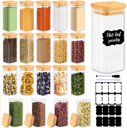 20 Pack 10 oz Set, TBWIND Square Glass Spice Jars with Lids and Labels Airtight Small Spice Containers Clear Glass
