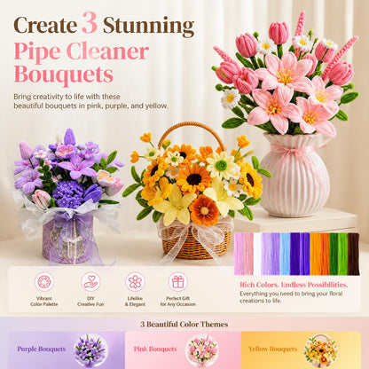 Missicee 800 PCS Pipe Cleaner Flower Kit, DIY Pipe Cleaners Bulk Craft Bouquet Making Kit with 13 Colors Chenille Stems, Floral Wires, Stamen, Ribbon, Instruction, Art and Craft Supplies