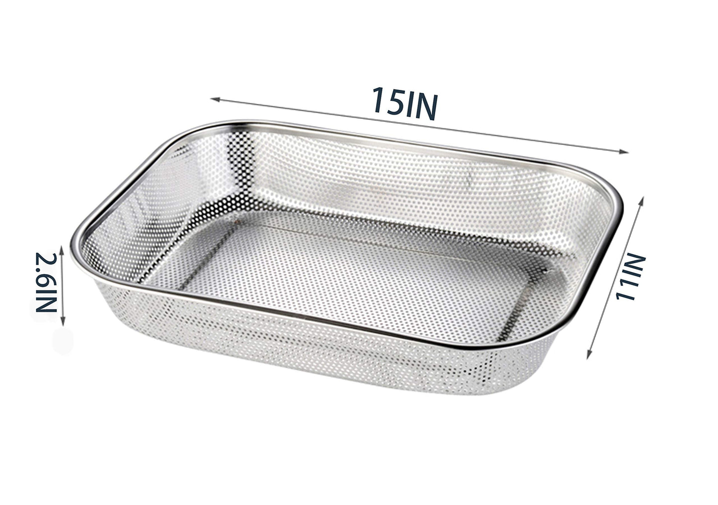 Cedilis 2 Pack Large Stainless Steel Colander Strainer, 6 Quart Mesh Vegetable Washing Basket, Rectangle Drainer Sink Basket for Vegetable Fruit Food (15" x 11" x 2.6")