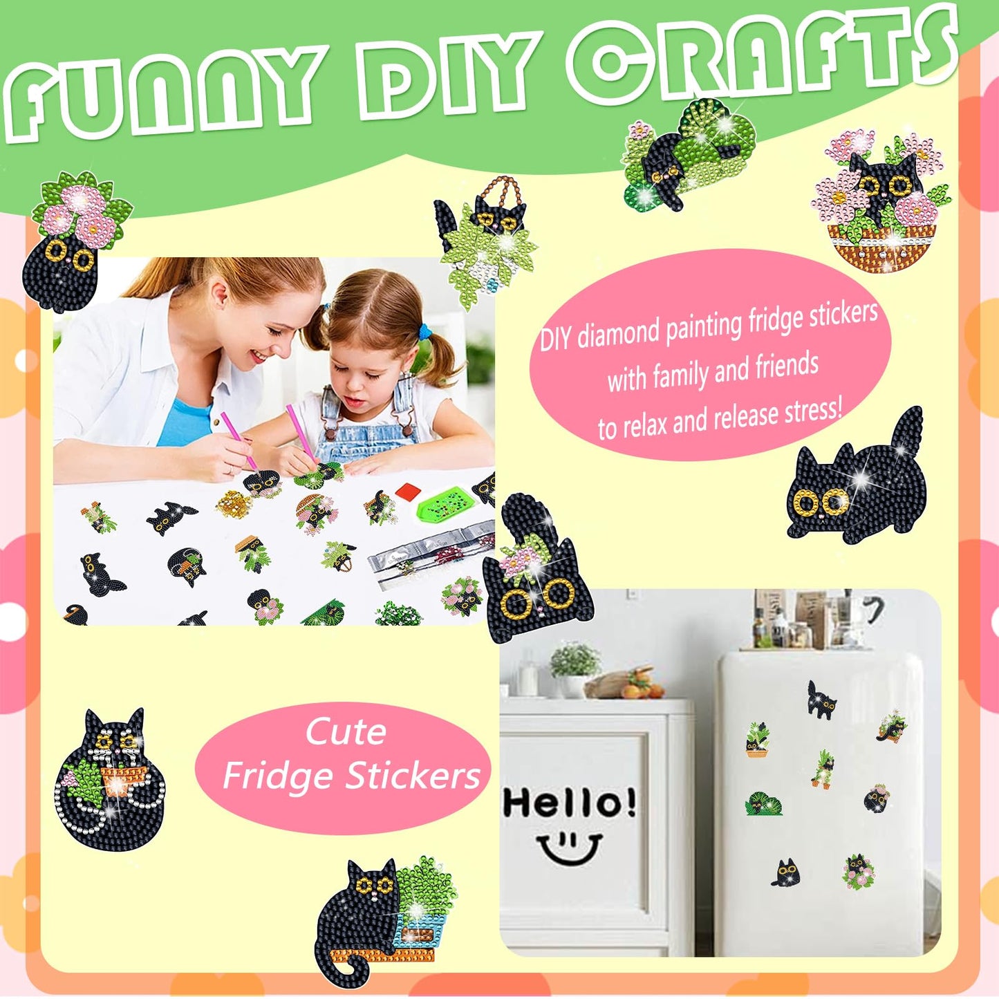 Gamteldot 16Pcs Diamond Art Magnets Kits-5D Small Diamond Art Kits for Adults Beginners,DIY Gem Art Painting Kits with Full Tools,Rhinestone Refrigerator Gem Crafts for Decor Gift -Black Cat