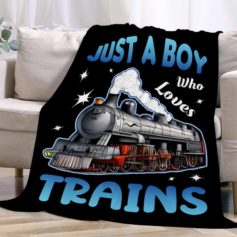 Boy Who Loves Trains Blanket Soft Blankets and Throws Flannel Cozy Lightweight Quilt Gift for Train Lovers for Bed Sofa Couch-50x40 Inches