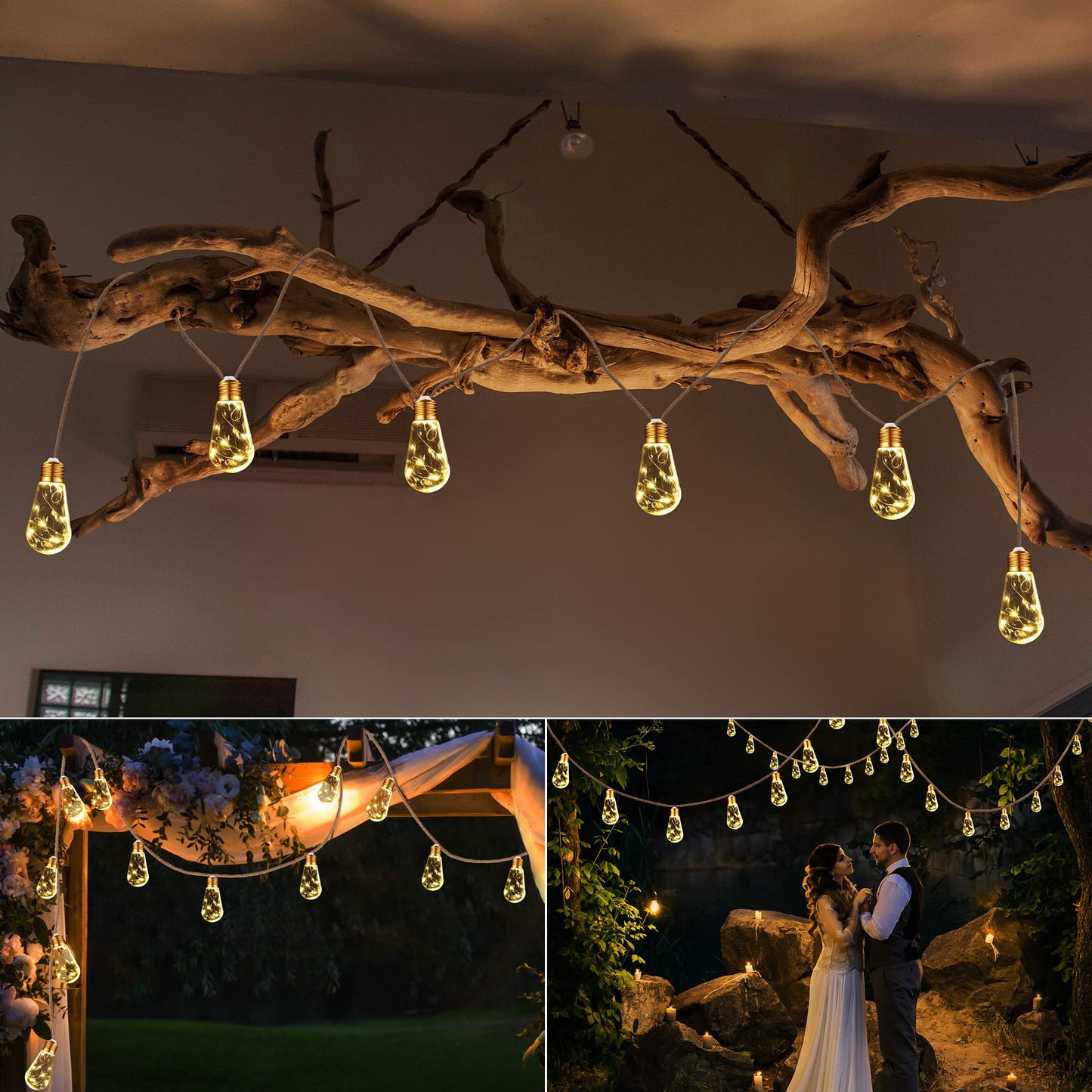 Solar Outdoor String Lights, 20Ft Vintage Rope Hemp Solar Patio Lights, Waterproof Warm White Solar Powered String Lights With 8 Modes 16 Shatterproof Bulbs for Garden Fence Stairs Balcony Café Bistro