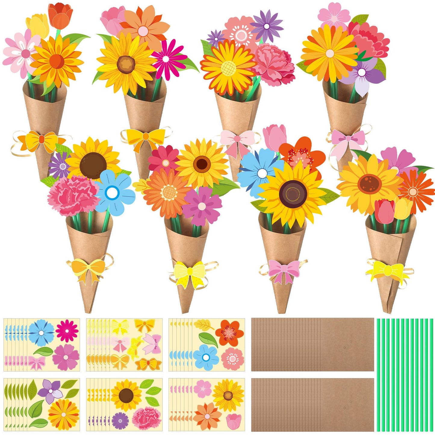 Motipuns 48 Set Flower Bouquet Craft Kit DIY Flower Mother's Day Paper Crafts Floral Bouquet Gifts Teacher Thankful Making Kit for Mothers Day Graduation Classroom Decoration Home School Activity