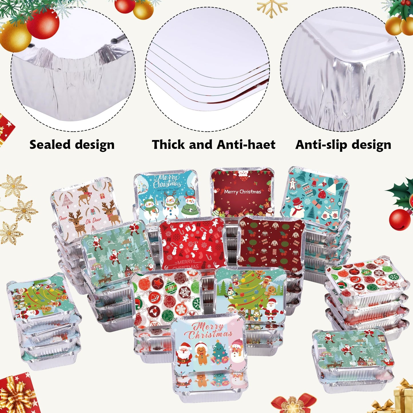 SAITI 50 PCS Christmas Cookie Tins with Lids for Gift Giving, Disposable Food Storage Pan Aluminium Foil Treat Containers for Holiday Leftovers Goodie or Cookie Exchange