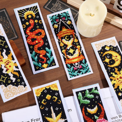 ORIGACH 6 Pcs Cross Stitch Bookmark Kit for Beginner Adults, Tarot The Sun and Star Stamped Embroidery Bookmark Kit with Instruction for Starters Printed Cross Stitch DIY Kits for Book Lovers