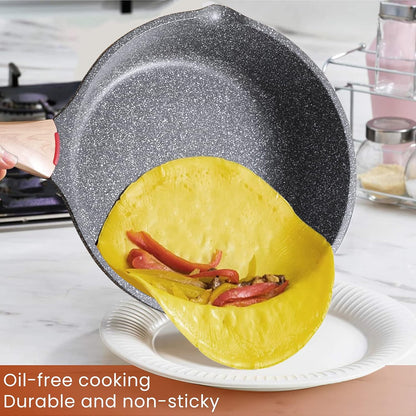 Induction Nonstick Skillet Frying Pan with Lid, Swiss Granite Omelette Pan, PFOA Free (8 inch)