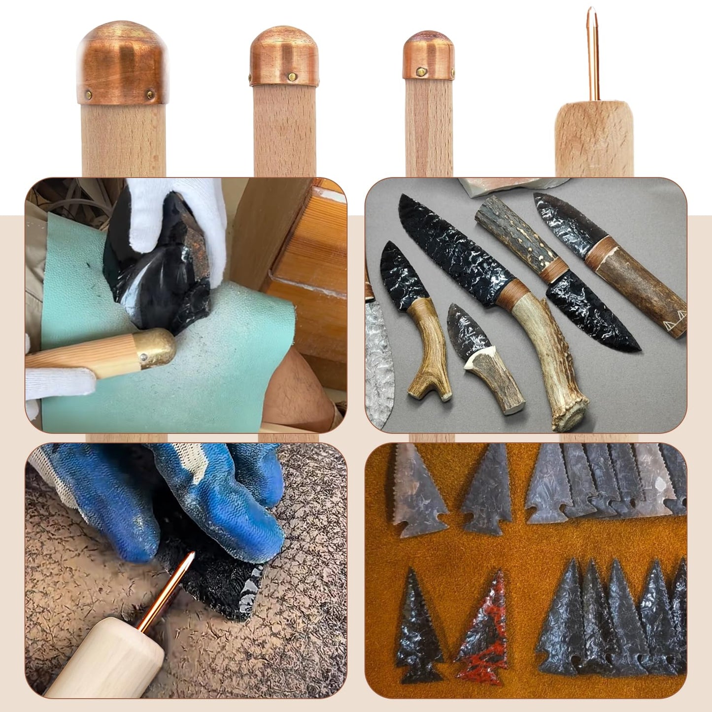 7Pcs Obsidian Crafting Flint Knapping Tools Kit with 3 Copper Hammers, 2 Pressure Flakers, 1 Abrading, 1 PU Leather Bag, Dragon Crystal Stone Age Toolkit, Flint Napping Tools for Pros and Beginners