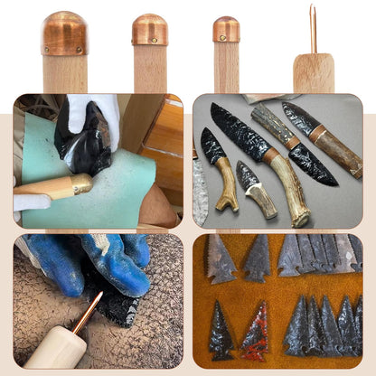 7Pcs Obsidian Crafting Flint Knapping Tools Kit with 3 Copper Hammers, 2 Pressure Flakers, 1 Abrading, 1 PU Leather Bag, Dragon Crystal Stone Age Toolkit, Flint Napping Tools for Pros and Beginners