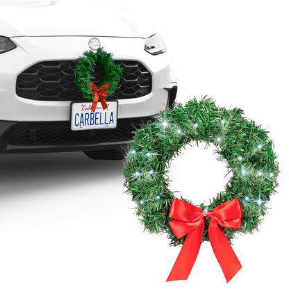 Carbella Christmas Wreath for Car Truck SUV Van, LED Light Up with Red Bow Decoration Ornament Mount Xmas Artificial Pine Water-Proof Winter Holiday Wreath Mounting Hardware Included (11" x 11")