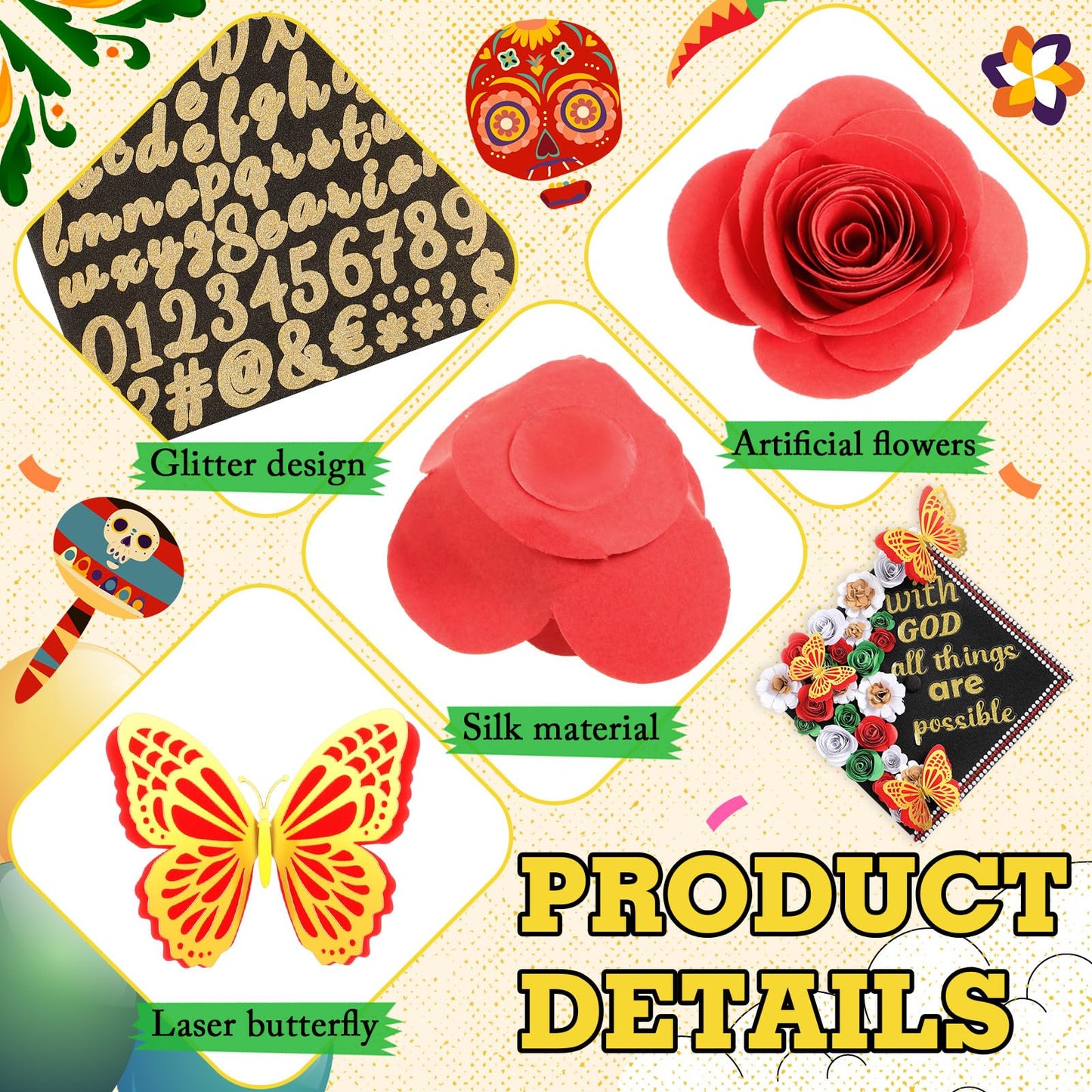 Feifeiya 44 Pcs DIY Graduation Cap Decoration Tool Kit Grad Cap Topper Faux Paper Flower Head Quote Glitter Sticker 3D Butterfly Pearl Rhinestone Sticker for Graduation Hat Decor(Red)