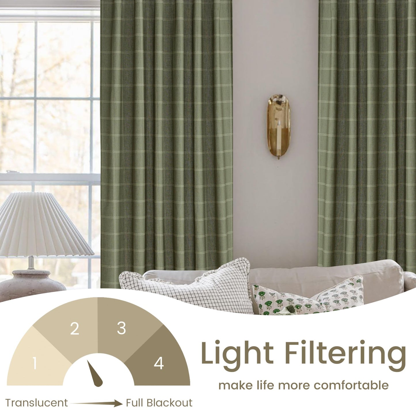 NICETOWN Linen Plaid Curtains Gingham Window Panels Moss Green Check Tartan Light Filtering Curtains for Living Room Bedroom, Rod Pocket Back Tab, 2 Panels, 52 inch Wide x 84 inch Long