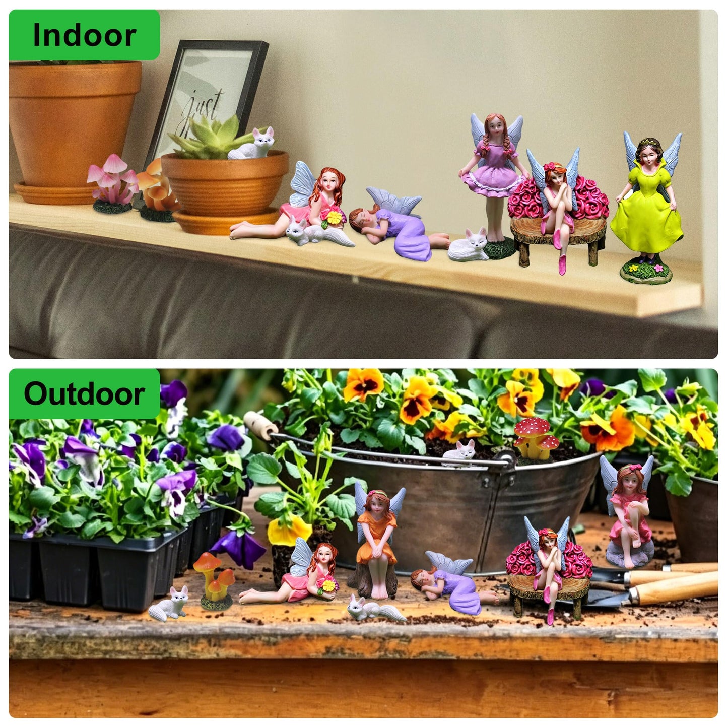 Miniature Fairy Garden Accessories Set - 5 Resin Fairies (Sleeping, Sitting on Stone/Stump/Bench) with 3 White Fox Statues & 2 Spotted Mushrooms - Whimsical Forest Decor for Terrarium, Patio & Gifts