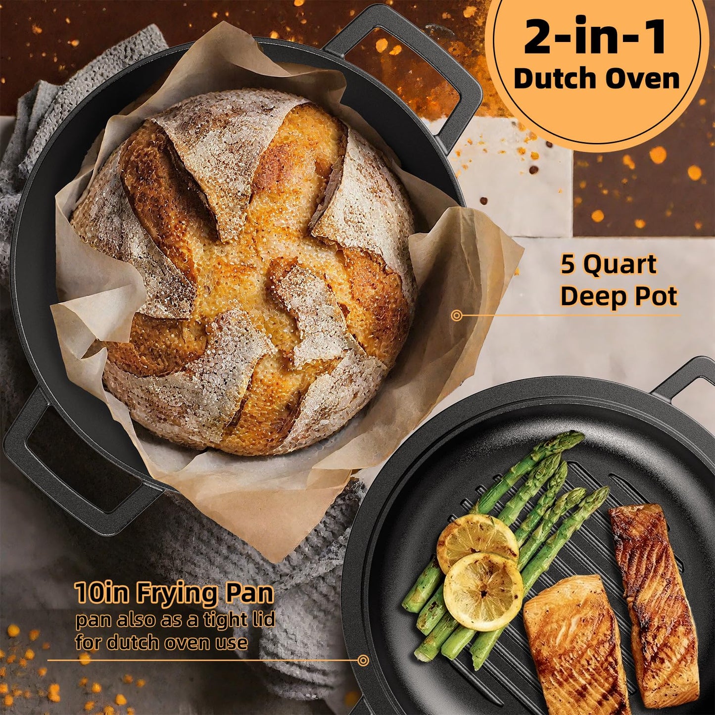 Cast Iron Dutch Oven Pot with Skillet Lid – Pre-Seasoned – Skillet Lid Cooking Pan– PFAS-Free –Umite Chef Cast Iron Skillet Cookware for Bread, Frying, Baking – Dual Handles – Oven, Grill, Campfire & Stovetop Safe – Durable & Non-Toxic, 5QT