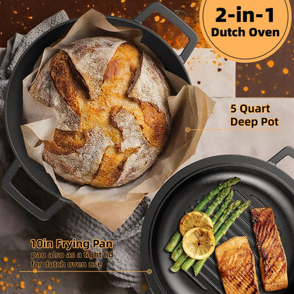 Cast Iron Dutch Oven Pot with Skillet Lid – Pre-Seasoned – Skillet Lid Cooking Pan– PFAS-Free –Umite Chef Cast Iron Skillet Cookware for Bread, Frying, Baking – Dual Handles – Oven, Grill, Campfire & Stovetop Safe – Durable & Non-Toxic, 5QT