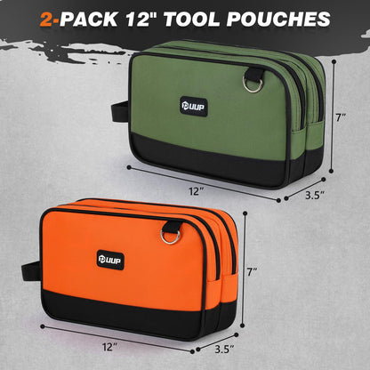 12" Small Tool Bag 2 Pack, Zipper Tool Pouch 2 Compartments, Utility ToolBag with Carrying Handle, Toolbox Organization, Screwdriver Storage Tool Box, Electrician Mechanic Men Dad Gifts, Orange/Green