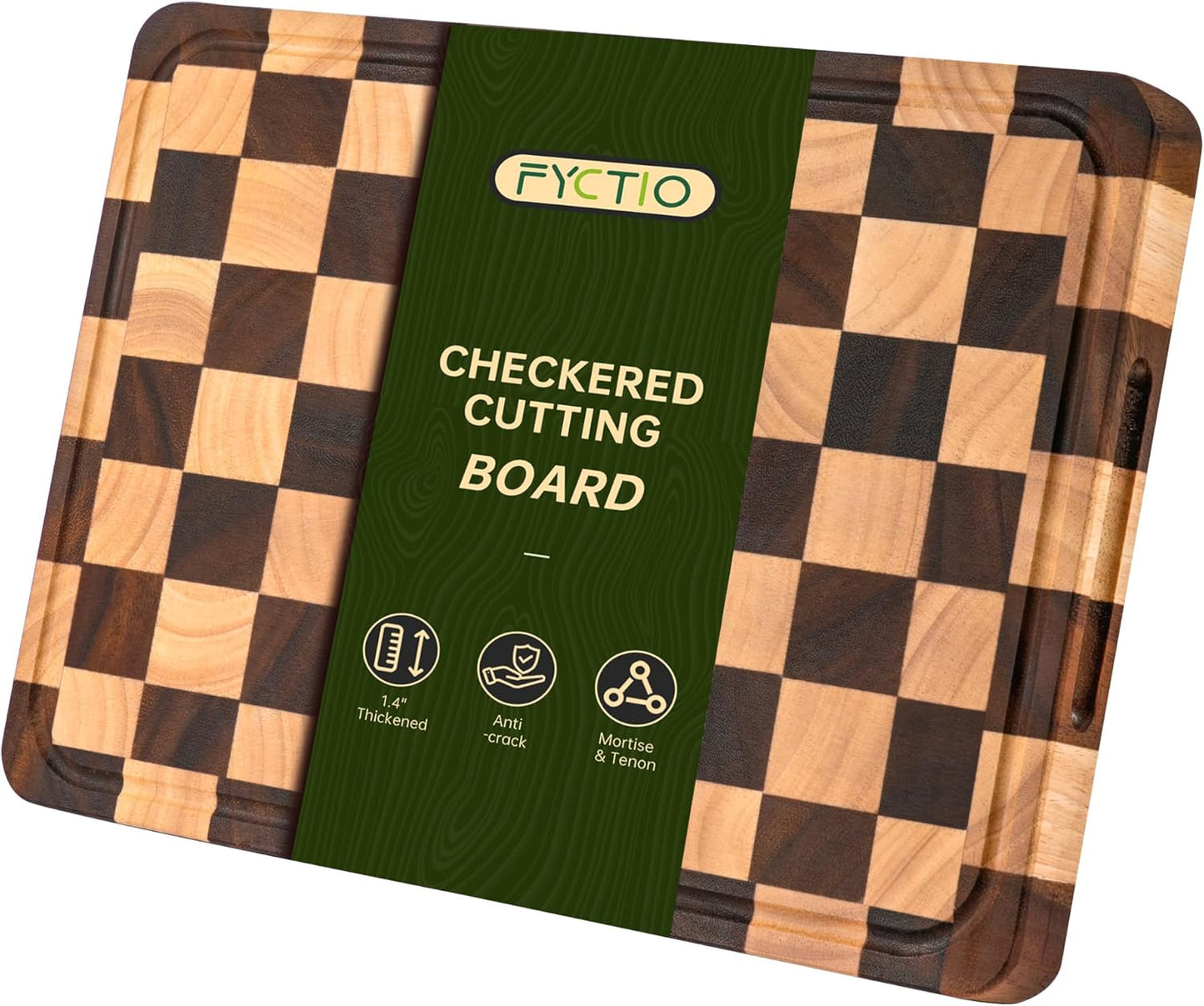 16" 11" 1.4" Checkered Cutting Boards for Kitchen, Acacia Wooden Chopping Board with Juice Grooves & Handles, Thickened