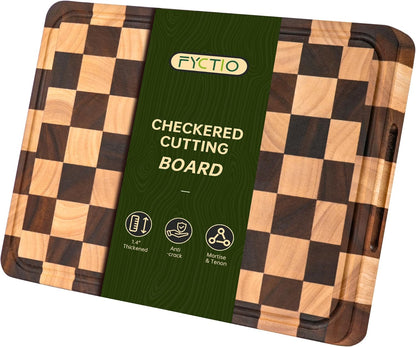 16" 11" 1.4" Checkered Cutting Boards for Kitchen, Acacia Wooden Chopping Board with Juice Grooves & Handles, Thickened