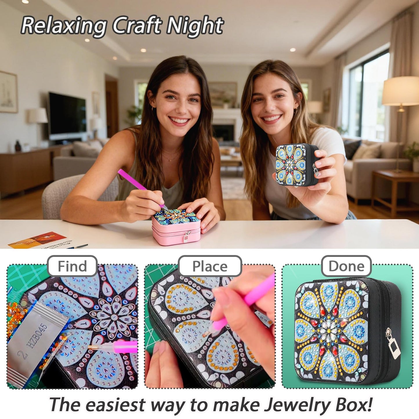 CharySim 2 PC Diamond Art Jewelry Boxes Kits for Adults Diamond Gem Art Kit Paint by Dots Crafts Kits for Birthday Gift Women Relaxing Craft Kit Calming Gift DIY Bedazzling Art (Mandral)