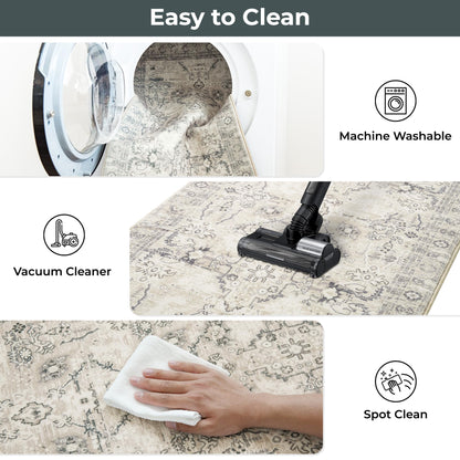 GRANNY SAYS Boho Kitchen Rug Sets of 3, Non Slip Washable Faux Wool Kitchen Mats for Floor, Thick Soft Anti-Fatigue Comfort Standing Mat Runner Rugs for Hallway Laundry Room, Beige