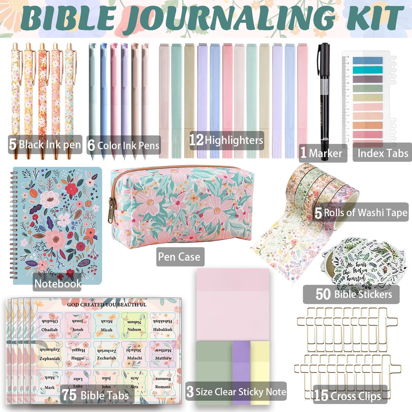 PartyGalore Bible Study Supplies Journaling Kit with Tabs and Notebooks, Bibles Highlighters and Pens No Bleed, Bible Study Kit for Women Students Beginner Christian Gifts