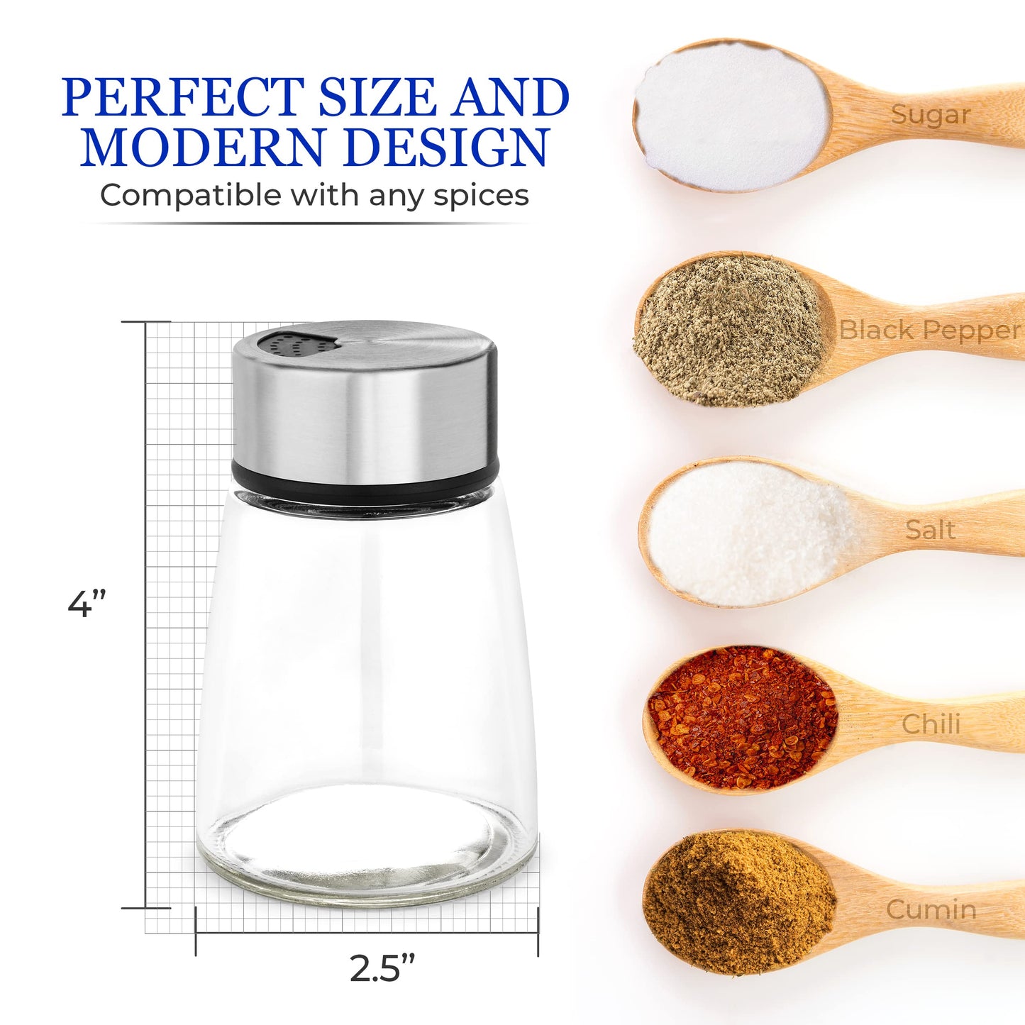 Salt Shaker or Pepper Shaker with Adjustable Pour Holes - Stainless Steel Spice Dispenser - Perfect for Pink Himalayan, Table Salt, Black and White Pepper