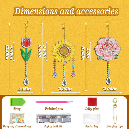 Leatrice 3PCS Flower Diamond Art Kits Suncatcher Small Diamond Painting Set Pendant DIY Crafts Hanging for Home Decro Double Sided Crystal Rhinestone Decorations
