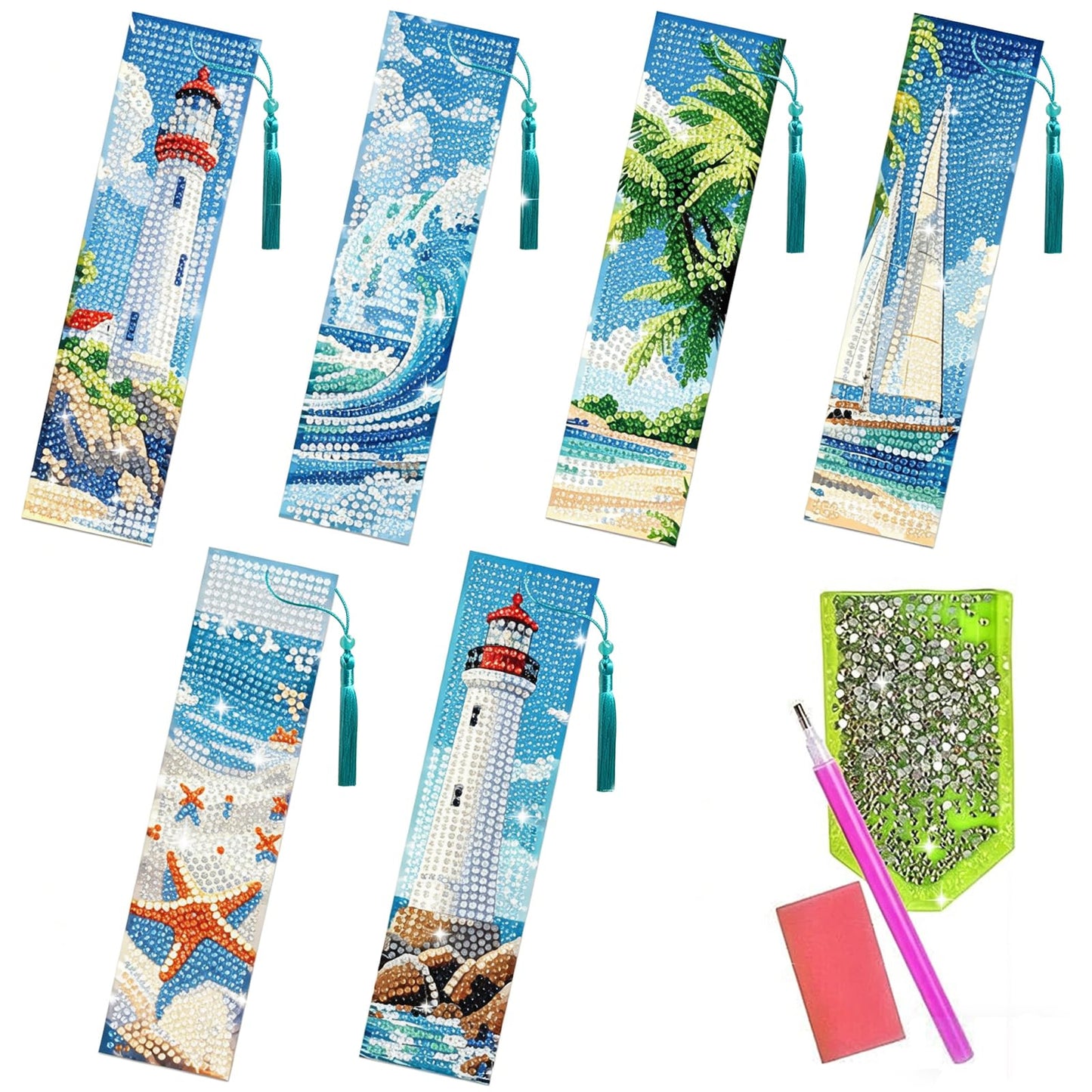 beinkmake 6Pcs 5D Diamond Painting Bookmarks Kit, Ocean Theme DIY Diamond Art Book Marks with Tassels, Diamond Dotz Bookmark Set for Adults Kids Beginners Craft Gift