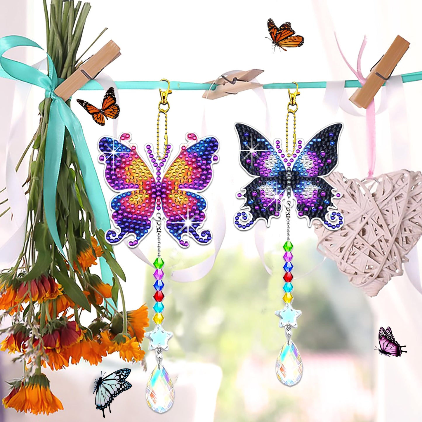 6 Pcs Butterfly Diamond Art Kits for Adults Beginner DIY Diamond Art Suncatchers Wind Chimes Small Diamond Painting Kits Arts and Crafts for Adults Gem Paint by Numbers Hanging Ornament
