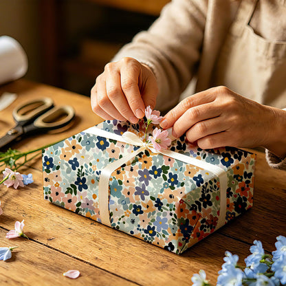 Fabllewavi 1 Roll Boho Floral Wrapping Paper Mini Roll - 17in x 32.8Ft Watercolor Boho Floral Patterns Gift Wrap Paper for Spring Birthday Wedding DIY Crafts Baby Shower Party Supplies