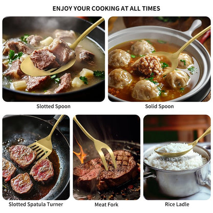 304 Stainless Steel Kitchen Cooking Utensils Set - 9 PCS Serving Utensils, Include Skimmer, Soup Ladle, Spaghetti Server, Wok Spatula, Slotted & Solid Spoon, Slotted Spatula Turner, Meat Fork (Gold）