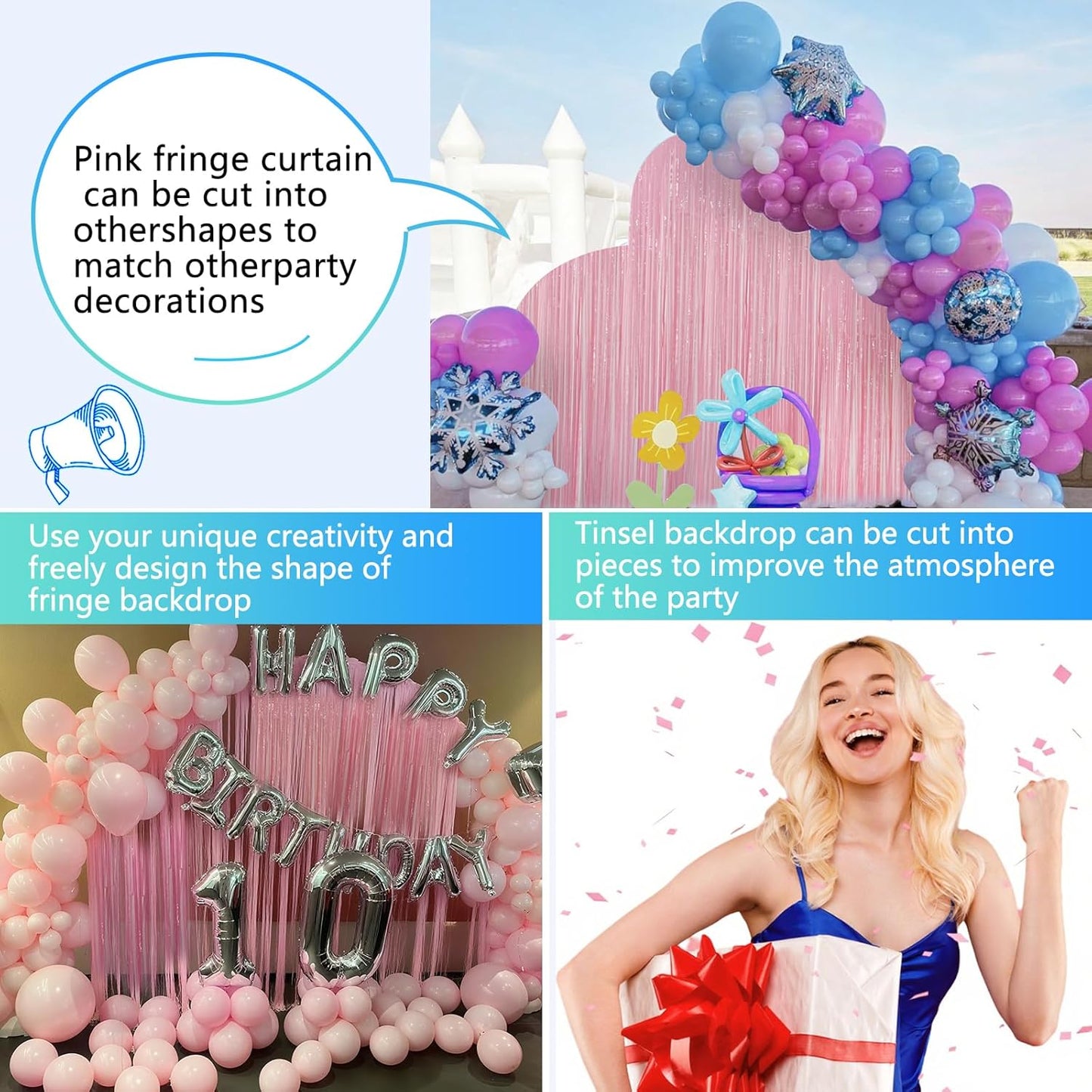 Skiennix Pastel Pink Birthday Party Backdrop - Foil Fringe Curtain 3.3x8.2ft | 2 Pack Streamers for Baby Showers & Bachelorette Celebrations