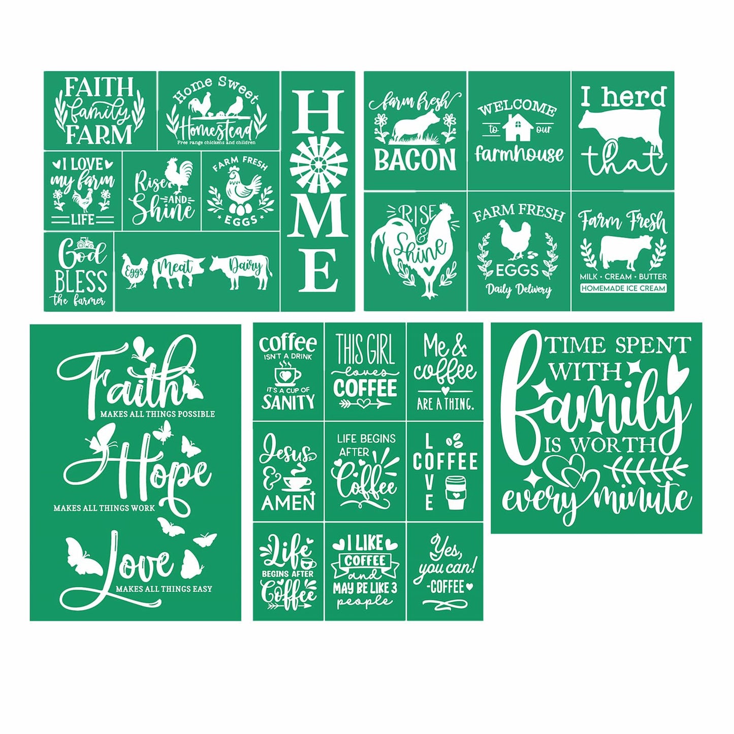 JAJADO Farmhouse/Coffee/Home/Family Silk Screen Stencils 5 Pcs, Silk Screen Transfer Reusable Adhesive Stencils Screen Printing Crafts Paint Stencils Painting on Wood/Fabric/Cup/Plate/Glass/Paper
