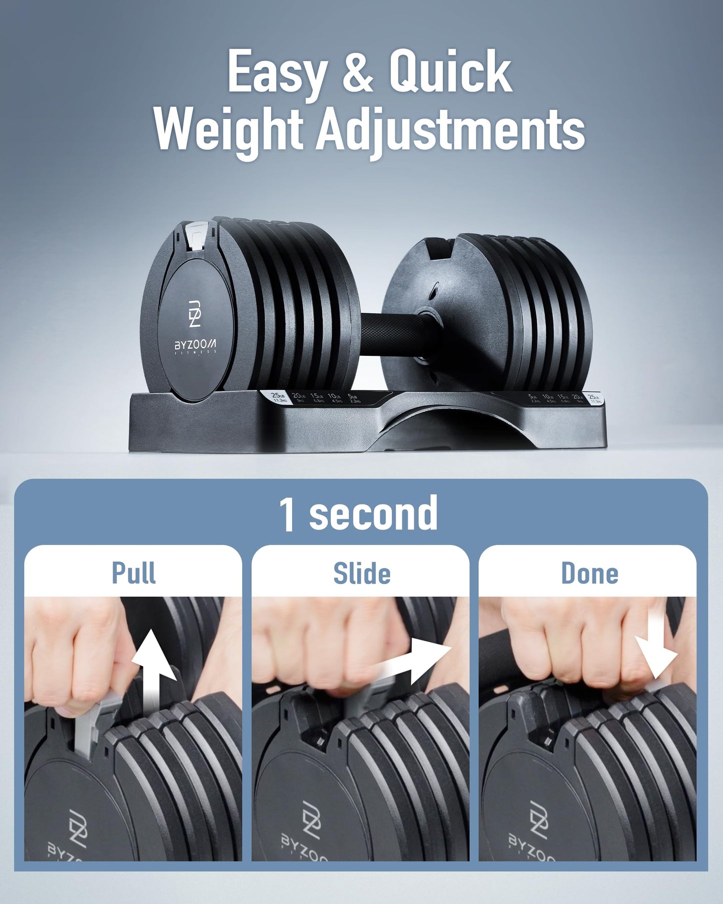 BYZOOM FITNESS Pure Series Adjustable Dumbbell - 12.5/25/27.5/75lb - ONE UNIT OR PAIR(check QTY before purchase) - 5-in-1/ 10-in-1 / 21-in-1 Flexible Hand Weights for Home Gym, Strength Training & Fitness Workouts, White OR Black