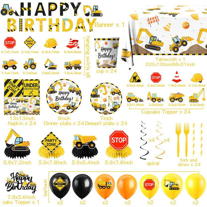 Construction Birthday Decorations,245PCS Construction Birthday Party Supplies-Includes Plates Napkins Cups Banner Balloons Tablecloth and Cake Toppers for Kids TruckTheme Celebration Tableware