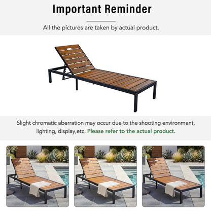 ApilithHive Outdoor Chaise Lounge with 6-Position Adjustable Backrest, Acacia Wood and Steel Frame, 78.7", 400 lbs Capacity, Black+Natural