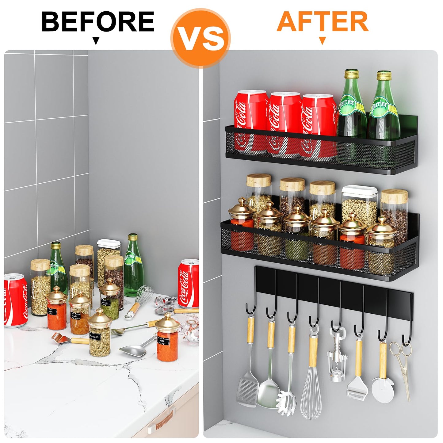 Magnetic Spice Rack for Refrigerator, 4 Pack Magnetic Shelf, Fridge Magnet Organizer with Moveable 8 Hooks, Magnetic Fridge Shelf for Kitchen Organization and Storage (4 Pack)