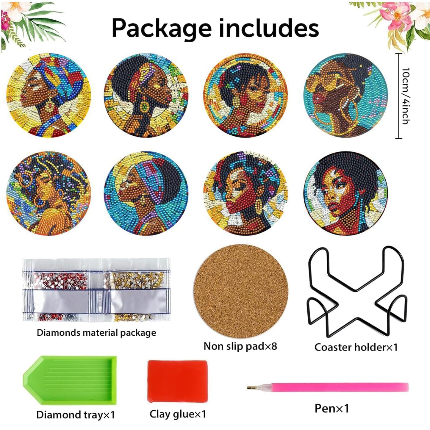 8 PCS Black Girl Diamond Art Coasters Kits for Adults - 4 Inch DIY Diamond Painting Coasters, Artistic African American Women 5D Mandala Crafts for Fun DIY Experience, Beginners, Gift