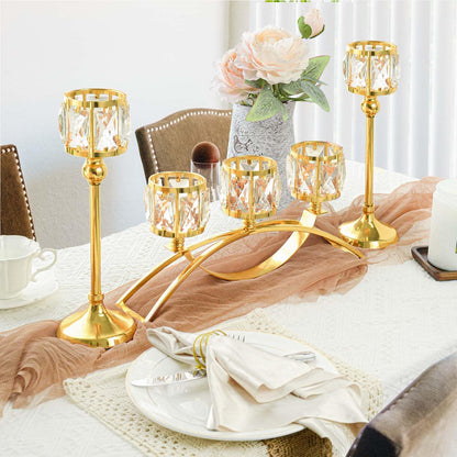 3 Arms Crystal Bowl Tealight Candelabra Votive Candle Stand, Wedding centerpieces for Tables Crystal Candlestick，Centerpiece Table Decorations (Set of 3 Pure Gold)